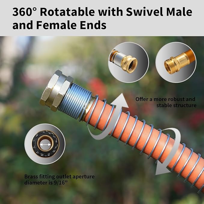 WiseFlow Garden Hose 25FT x 3/4", Heavy Duty Rubber Hose, Water Hose with Five Layered Braiding, Male Female Fittings, 1000PSI Burst, 300PSI Working (Orange)