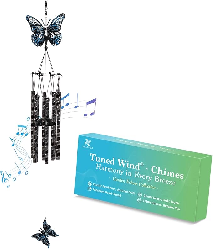 32'' Unique Butterfly Wind Chime for Outside Clearance, Garden Metal Windchimes for Outdoors Patio Decor(Black Blue)