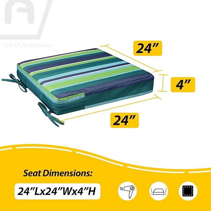 AAAAAcessories Outdoor Seat Cushions for Chairs, Waterproof, Fade-Resistant, 24" x 24" x 4", Patio Furniture Replacement Cushions, Set of 2, Ash Teal Seaside Stripe