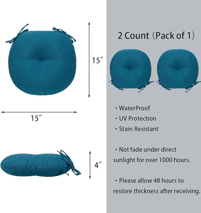 Bistro Chair Cushions 15 inch,Set of 2,Tufted Round Chair Cushions with Ties,15"x15"x4",Water Resistant Round Seat Cushion for Barstool Chairs,Patio Garden Kitchen Outdoor Furniture(Light Blue)