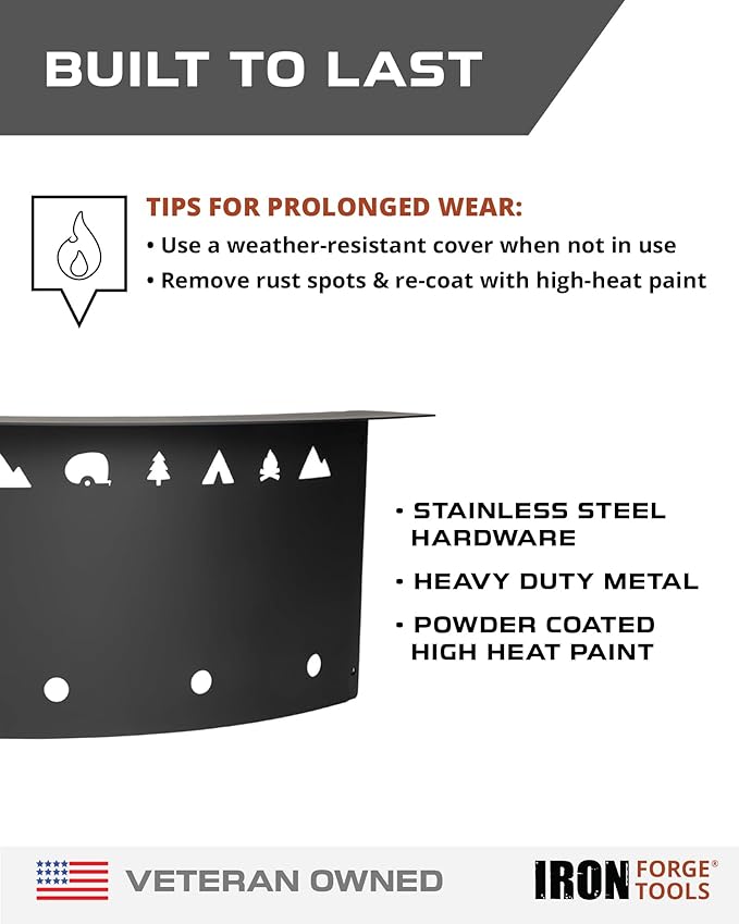 Iron Forge Tools Fire Pit Ring 36 Inch Outer/30 Inch Inner - Outdoor Heavy Duty Metal Round Smokeless Permanent Fire Ring Insert Liner (36x30x10)