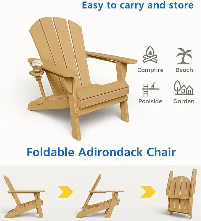 GLANC Folding Adirondack Chair Set of 2, HDPE All-Weather Outdoor Patio Fire Pit Chairs Lawn Chair for Poolside Backyard Deck Balcony, Wooden Textured with Cup Holder, 380LBS Capacity (Brown)