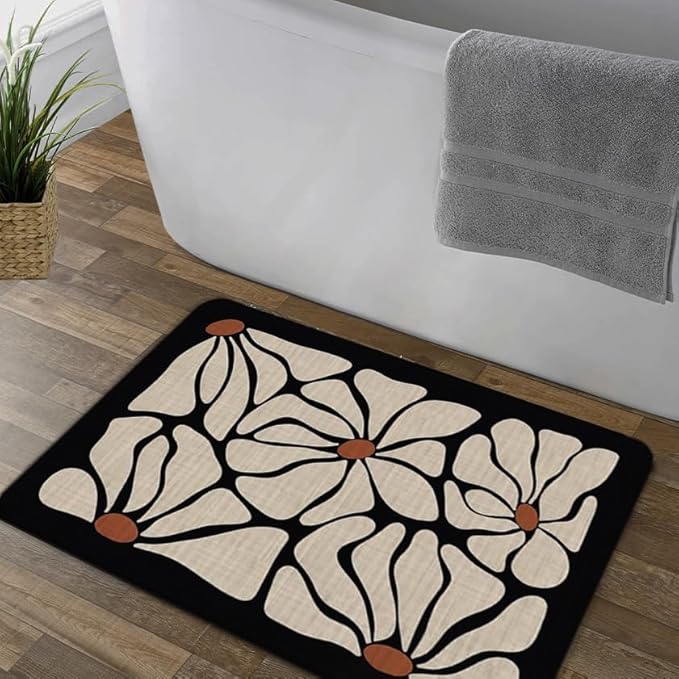 Boho Beige and Black Floral Door Mat Set 2 - Bohemian Neutral Floral Front Door Welcome Mats Outdoor Entrance, 17x30 Rug