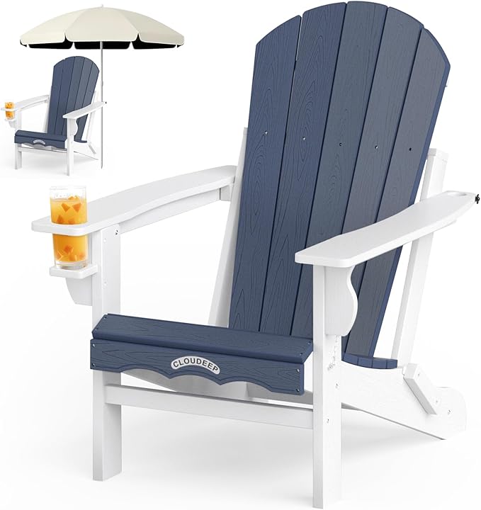 Folding Adirondack Chair –Recyclable HDPE Outdoor Adirondack Patio Chair with Cup Holder, Wood Texture & Umbrella Hole, 25-Year Fade-Free All Weather for Fire Pit, Porch, Poolside, Deck, Blue & White