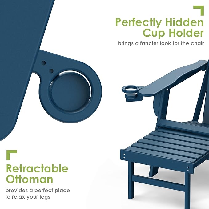 GREENVINES Adirondack-Chairs-with-Ottoman | Set of 6 | Folding | Retractable-Footrest | HDPE Plastic | All Weather Fire Pit Chair | Cup Holders | Blue | for Outdoor Poolside