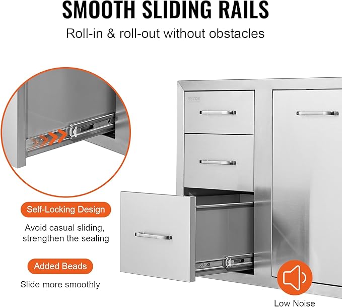 VEVOR Stainless Steel Cabinet, Outdoor Kitchen Door Drawer Combo 29.5" W x 22.6" H x 21.7" D, Access Door/Triple Drawers, Propane Drawer, Adjustable Garbage Ring, BBQ Island Patio Grill Station