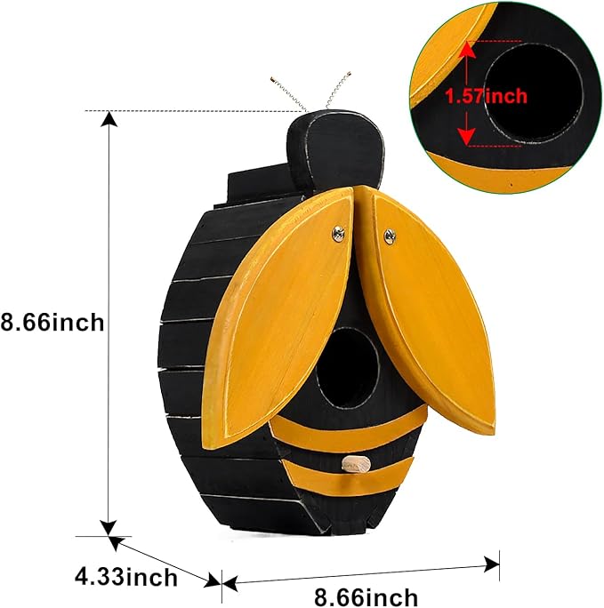 Bird Houses for Outside, Bee-Shaped Birdhouse Attracts Wild Birds (Bluebirds, Finches, Cardinals), Durable Wood Bird House with 4 cm Entrance Hole,Unique Garden Decor,Weather-Resistant