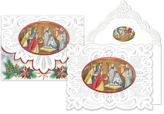 Poster Foundry Christmas Holiday Manger Scene Portfolio Boxed Note Cards by Carol Wilson. 10 embossed 4x5 Die-Cut Notecards and Matching Envelopes in Decorative Gift Box with Magnetic Flap. NCPX2605