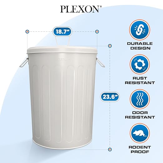 Plexon Large Metal Trash Can with Lid 20 Gallon, Decorative Outdoor Trash Can, Heavy Duty Galvanized Metal Bucket with Lid for Kitchen Garage Farmhouse, Beige, 6 Pack