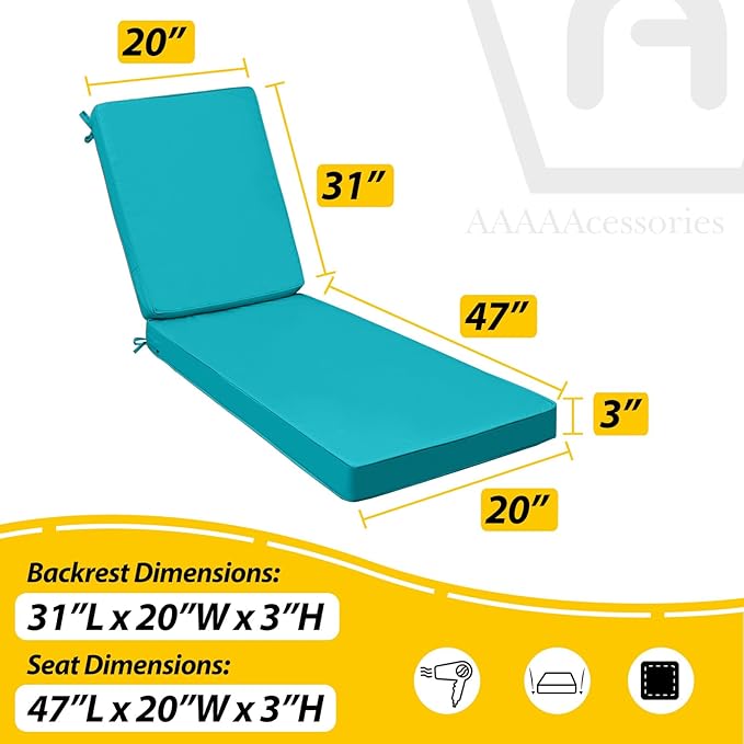 AAAAAcessories Outdoor Chaise Lounge Cushions, Fade-Resistant, Waterproof Patio Furniture Replacement Cushions, 78" x 20" x 3", Set of 2, Turquoise Blue
