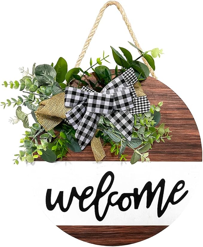 Welcome Sign for Front Door, Front Door Decor for Farmhouse Porch, Rustic Welcome Wreaths with Stapled Greenery, Round Wooden Hanging Sign Housewarming Gift for Home Outdoor Indoor