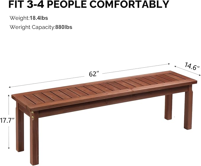 VINGLI Outdoor Wooden Bench, 45” 2-Person Backless Dining Bench, Weatherproof Outdoor Patio Bench for Porch Entryway Garden (2, Brown)