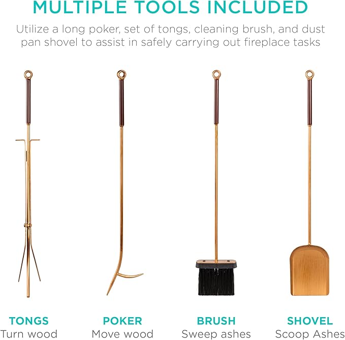 Best Choice Products 5-Piece Modern Contemporary Fireplace Tool Set for Indoor Fireplace Décor, Outdoor Fire Pit w/Poker, Tongs, Dust Pan Shovel, Brush, Ergonomic Handles - Antique Gold