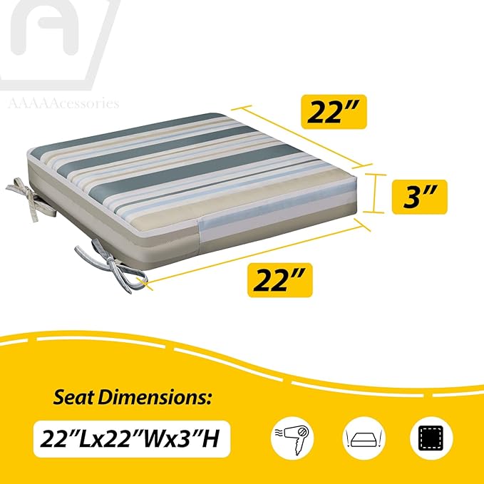 AAAAAcessories Outdoor Seat Cushions for Chairs, Waterproof, Fade-Resistant, 22" x 22" x 3", Patio Furniture Replacement Cushions, Set of 2, Slate Gray Blue Coastal Stripe