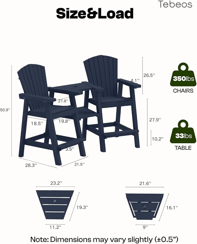 Tall Adirondack Chairs Set of 2, HDPE Outdoor Adirondack Chairs with Double Connecting Tray, Bar Height High Back Patio Chairs for Balcony, Deck, Backyard (Grey)