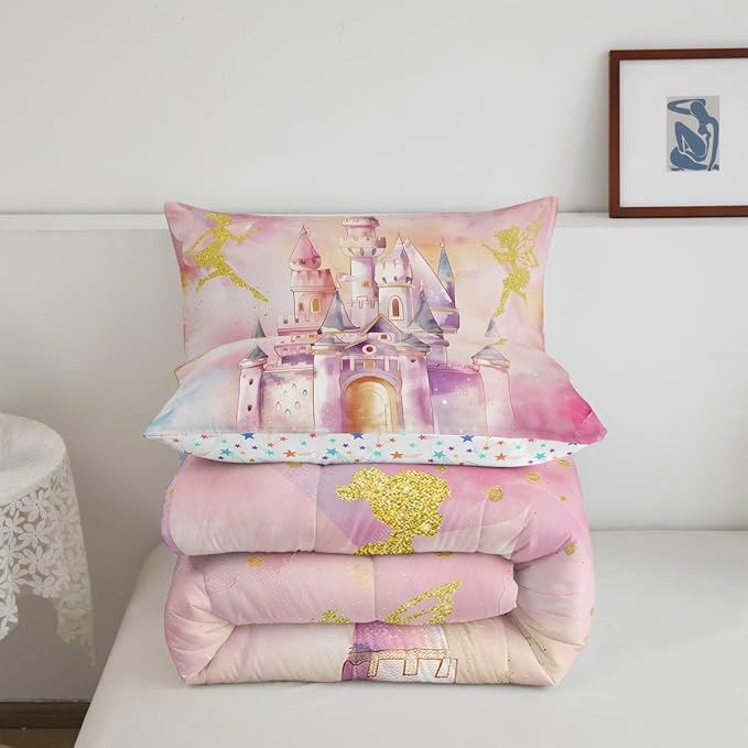 Erosebridal Princess Comforter Set Full for Girls,Dreamy Castle Fairy Bedding Set Kids Bedroom Decor,Pink Princess Quilt Bed Set,Cute Rainbow Comforter Reversible with 2 Pillowcases,Breathable
