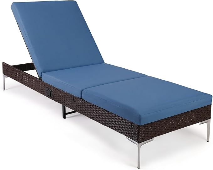 HOMREST Outdoor Chaise Lounge Chair, Patio Wicker Lounge Chair with Pneumatic Adjustable Backrest, Rattan Pool Sunbathing Recliner Suitable for Outside with Removable Cushion (Navy Blue)