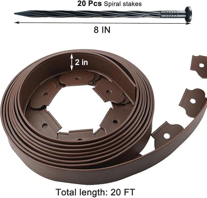 20 Ft Landscape Edging Kit, Brown Garden Border with 20 Plastic Stakes, Landscaping Roll for Flower Bed Lawn Driveway Yard
