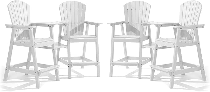 PASAMIC Tall Adirondack Chairs Set of 4, All-Weather HDPE Patio Chairs with Double Connecting Trays, Bar Height Heavy-Duty Outdoor Chairs for Garden, Backyard, Balcony, White
