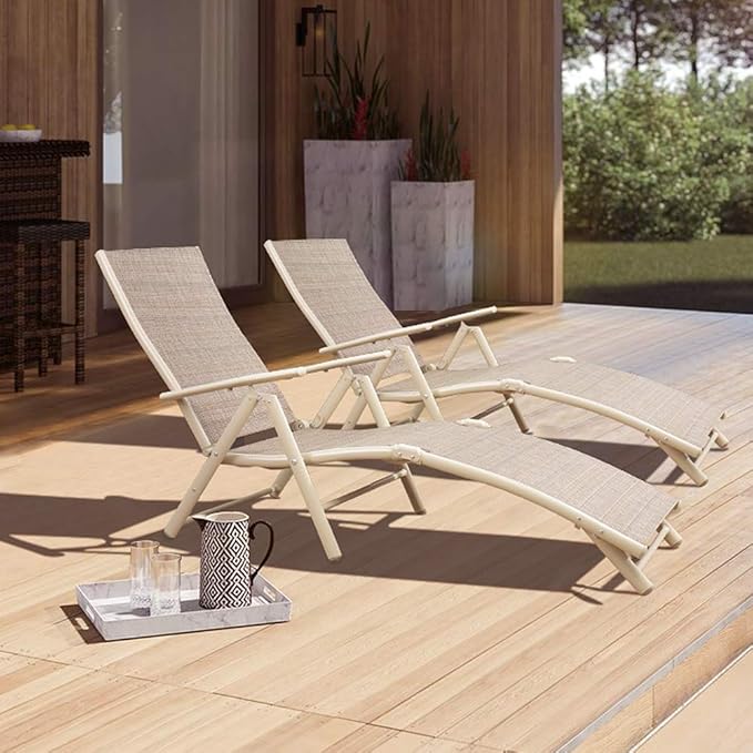 Devoko Lounge Chairs for Outside Patio Chaise Lounge Outdoor Poolside Adjustable Recliner Folding Lounge Chairs Set of 2 for Garden Beach (Beige)