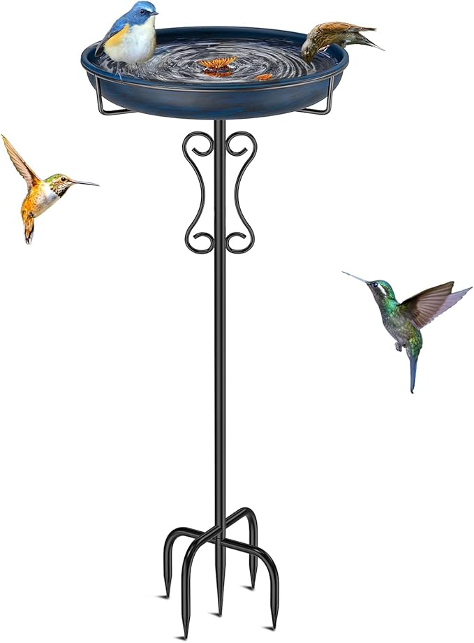 Metal Bird Bath for Outside,Upgraded 5 Pronged Base Birdbath & Feeder Bowl,Vintage Freestanding Birdfeeder for Garden Patio Yard Lawn Decor (Vintage Blue)