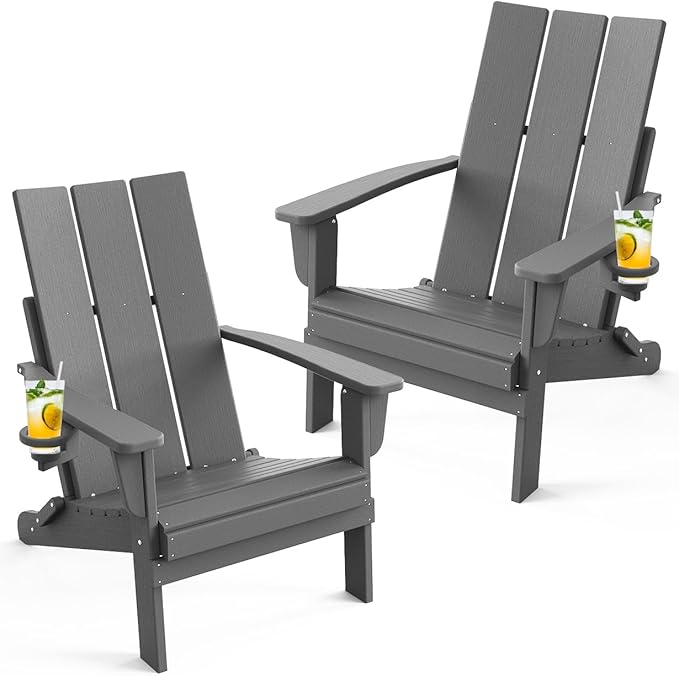 Adirondack Chair with Cup Holder Set of 2, Folding Outdoor Lawn Chair, HDPE Plastic Fire Pit Chair, Weather Resistant Patio Chairs for Deck, Porch, Backyard, Garden, Slate Gray