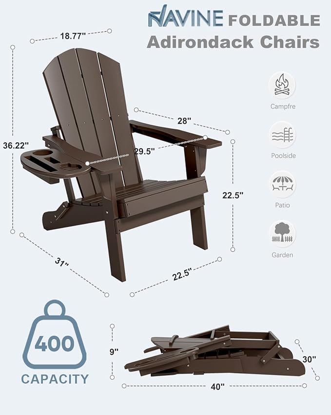 Adirondack Chair Set of 8, HDPE Folding Adirondack Chair with Multifunctional Cup Holder, Weather Resistant Fire Pit Chair for porches, patios, poolsides, Decks.