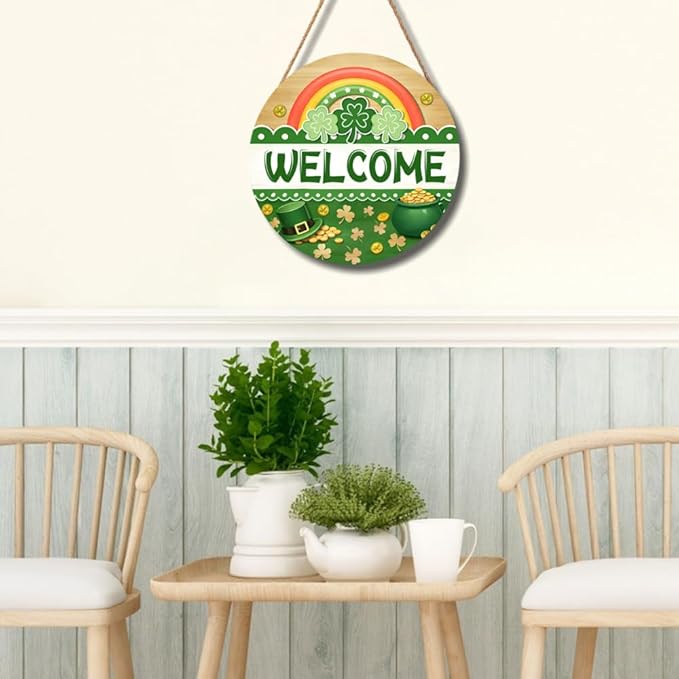 Welcome Front Door Sign Round 12 X 12 Inches St Patricks Day Door Hanger Summer Spring Welcome Wall Pediment Holiday Saint Patricks Day Wooden Plaque for Yard Porch Seasonal Home Decoration