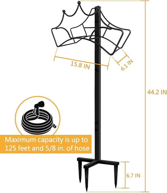 Garbuildman Freestanding Garden Hose Stand Holder - Metal Water Pipe Reel Rack for Outdoor, Shiny Black