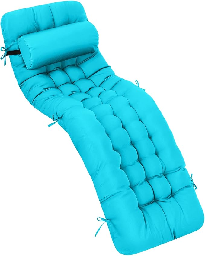Tudomro 1 Pcs Peacock Blue 66'' Outdoor Chaise Lounge Cushion Waterproof Patio Lawn Pool Chaise Lounge Cushion with Headrest Pillow & Ties Weather Fade Resistant Replacement Longue Chair Pad