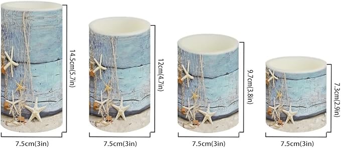 Flickering Flameless Candles 4 Pieces Set, LED Pillar Candles with Timer Battery Operated Tea Lights for Coastal Decor, Beach Starfish with Blue Wood Grain