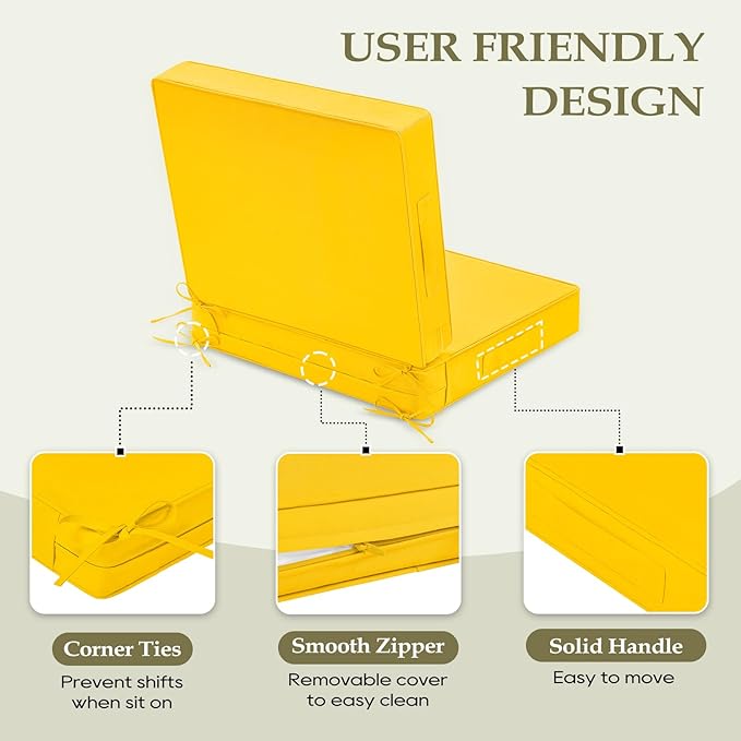 Wellsin Outdoor Cushions for Patio Furniture, Waterproof Outdoor Seat Cushions with Ties and Handle, 22X22 Outdoor Cushions, Outdoor Deep Seat Cushions with Removable Cover, Yellow