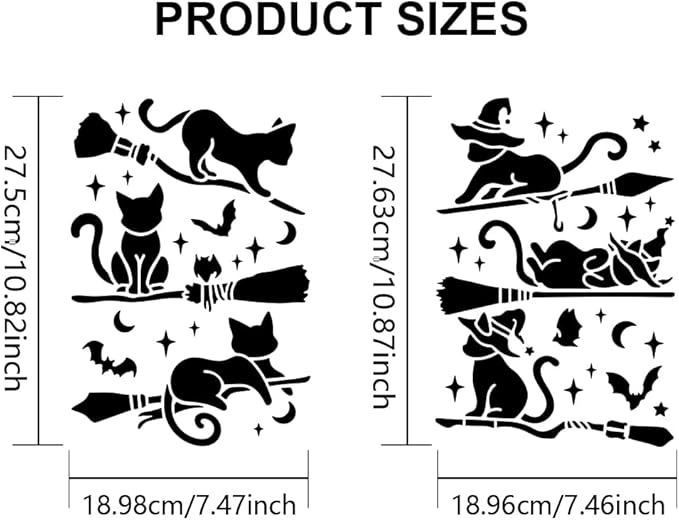 MAYJOYDIY Magic Cat Broom Stencils, 11.7 x 8.3 inch, 6 Styles with Paint Brush, DIY Craft Template for Furniture and Canvas