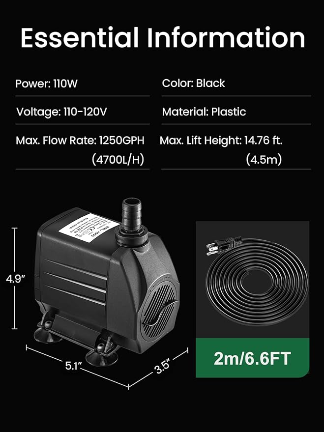 GROWNEER 1250GPH Submersible Pump 110W Fountain Water Pump 4700L/H, with 14.7ft High Lift, 4 Nozzles for Aquarium, Fish Tank, Pond, Hydroponics, Statuary, Garden, Black (1250GPH)