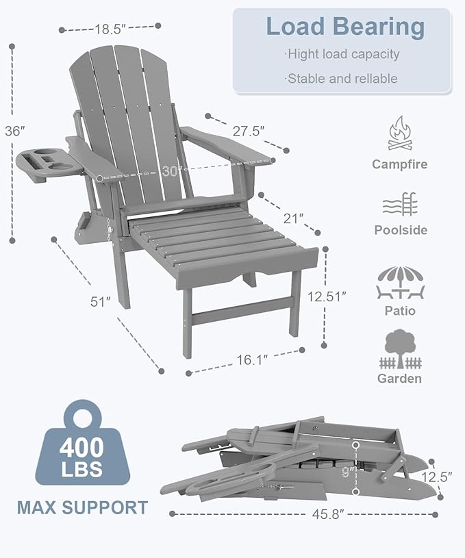Adjustable Adirondack Chair with Retractable Ottoman Set of 4, HDPE Folding Adirondack Chair with Cup Holder, All Weather Fire Pit Chair for Outdoor.