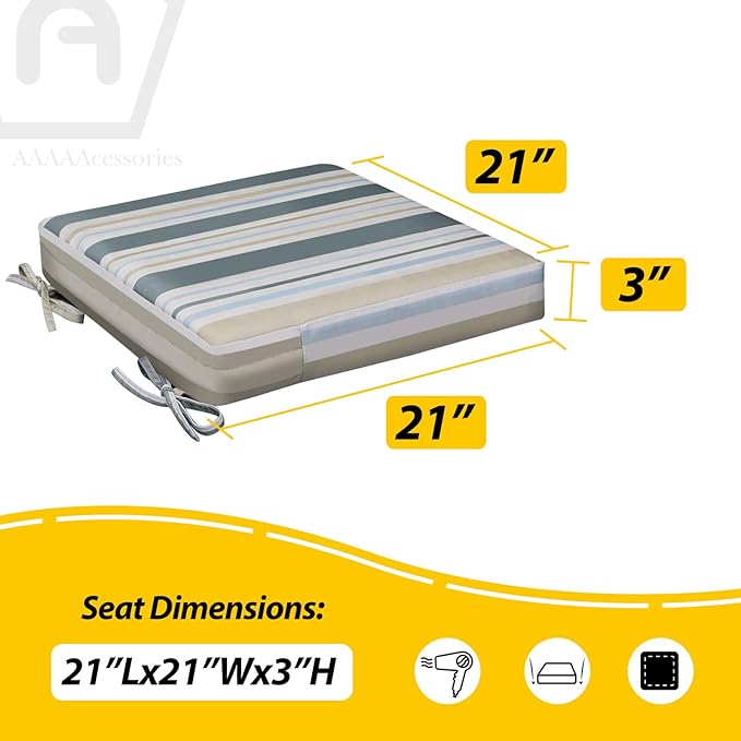 AAAAAcessories Outdoor Seat Cushions for Chairs, Waterproof, Fade-Resistant, 21" x 21" x 3", Patio Furniture Replacement Cushions, Set of 2, Slate Gray Blue Coastal Stripe
