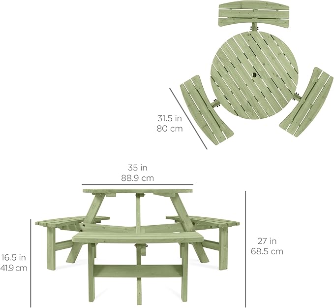 Best Choice Products 6-Person Circular Outdoor Wooden Picnic Table for Patio, Backyard, Garden, DIY w/ 3 Built-in Benches, 500lb Capacity - Sage Green