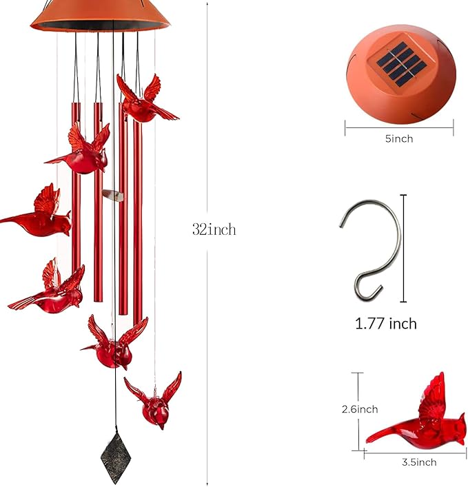 Cardinal Wind Chimes, Red Cardinal Bird Solar Windchimes Outdoor, Red Bird Tubes Garden Decor, Sympathy Wind Chimes,Memorial Gift,Mothers Day for Grandma,Sister Gifts for Women,Friend Birthday Gift