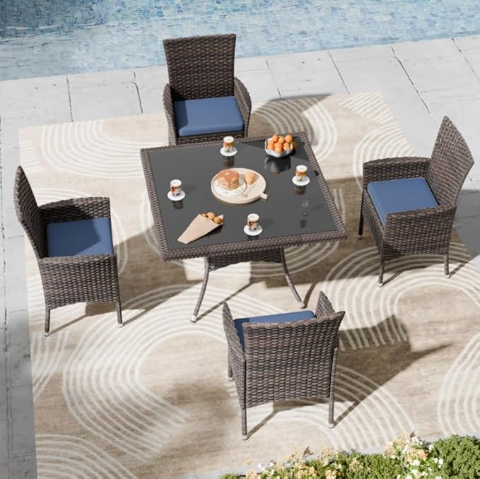 Kullavik 5-Piece Outdoor Dining Set Patio Rattan Furniture Set,Patio Dining Table and Chairs Set with 4 Chairs and Cushions,Square Glass Tabletop with Umbrella Hole for Patio,Navy Blue
