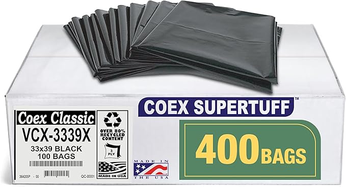 Aluf Plastics - Value COEX 3 Ply Garbage Bags, 33 Gallon, 1.5 Mil (eq), 33"x39", Black, 400 Count