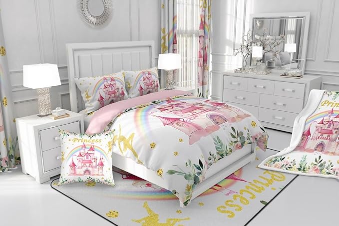 Erosebridal Princess Comforter Set Queen for Girls,Pink Fairy Castle Bedding Set,Fairy Garden Flower Quilt Bed Set,Cute Rainbow Kids Comforter Sets Reversible,Gifts for Women Girls Bedroom Decor
