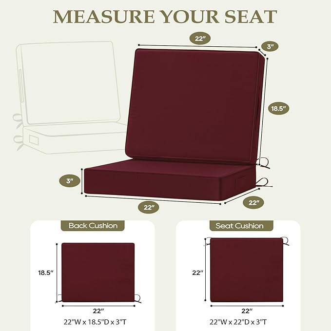 Wellsin Outdoor Cushions for Patio Furniture, Waterproof Outdoor Seat Cushions with Ties and Handle, 22X22 Outdoor Cushions, Outdoor Deep Seat Cushions with Removable Cover, Burgundy