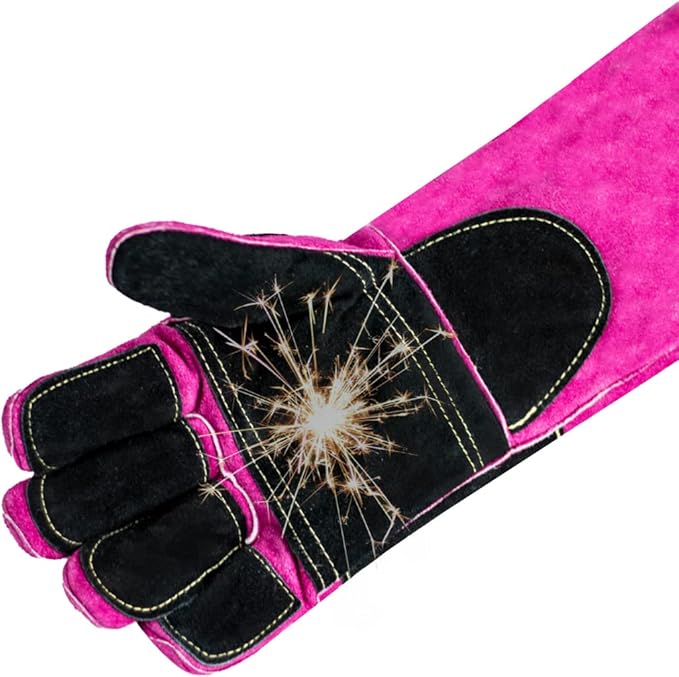 Welding/BBQ Leather Gloves 16 Inches,932℉, Stick Welding Gloves Heat/Fire Resistant, Mitts for Oven/Grill/Fireplace/Furnace/Stove/BBQ/16 inches Extra Long Sleeve (16 Inches, Pink-Black)