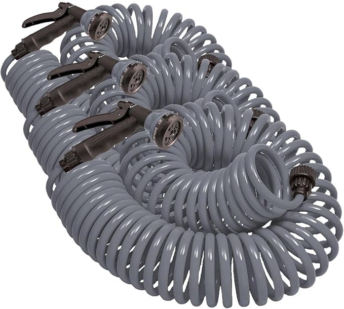 Orbit 26382 Coil Garden Hose, 25 Feet, with 8-Pattern Hose Nozzle (Gray) (Pack of 3)