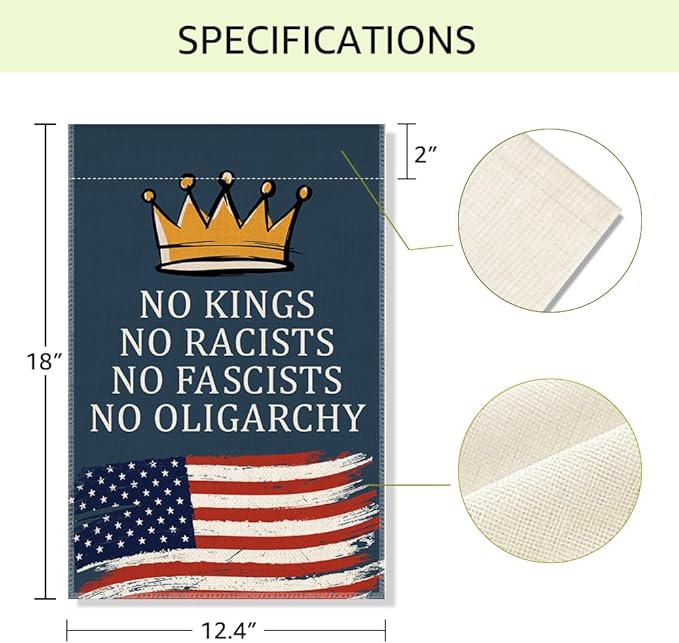 RZHV No Kings Double-Sided Garden Flag for Outdoor House Yard Sign Garden Decor Parade, Inclusive Equality Diversification Outdoor Banner, Politica Social Justice Yard Sign