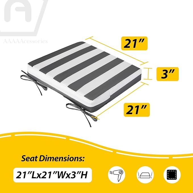 AAAAAcessories Outdoor Seat Cushions for Chairs, Waterproof, Fade-Resistant, 21" x 21" x 3", Patio Furniture Replacement Cushions, Set of 2, Gray Cabana Stripe