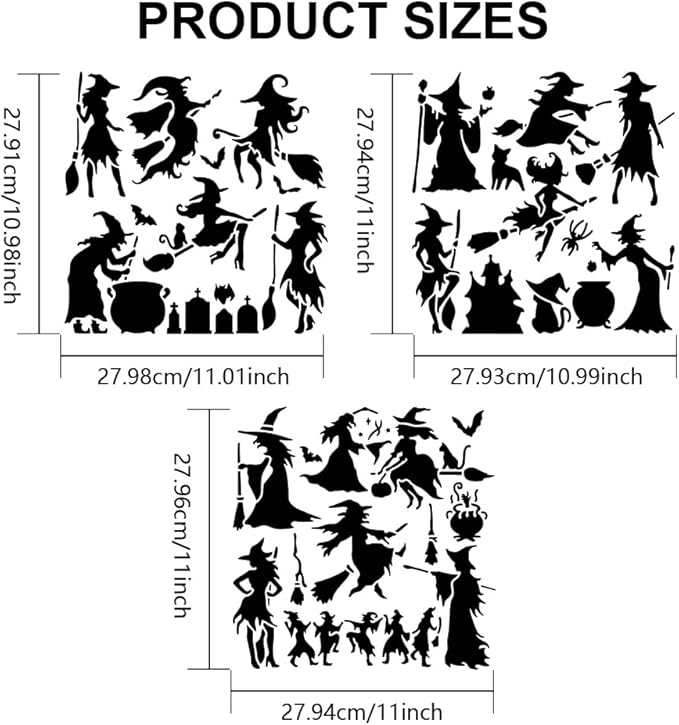 MAYJOYDIY 3pcs Witch Stencils 11.8×11.8inch Witch on a Broom Stencil Template with Paint Brush Tomb Bat Magic Theme Drawing Stencil for DIY Projects Crafts Furniture Canvas Wall Decor