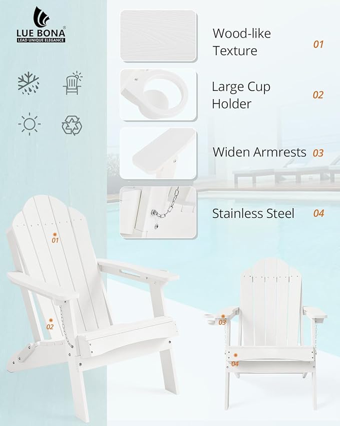 LUE BONA Folding Adirondack Chair, Chairs Set of 2, Cup Holder, Woodgrain, Fire Pit, Patio, Pool, White