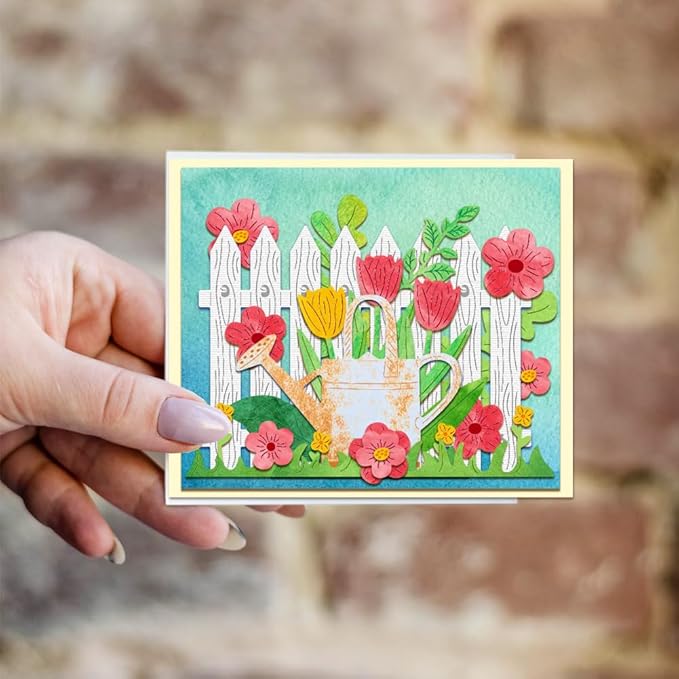 BENECREAT 2pcs Garden Fence Cutting Dies, Flower Watering Can Embossing Stencils Die Cuts for Paper Card Making Decoration DIY Scrapbooking Album Craft Decor