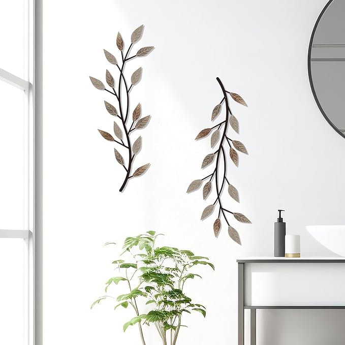 LWHZHE 2 Pieces Vintage Tree Leaf Wall Art Vine Metal Bathroom Wall Decor Olive Branch Wall Decor Living Room Tree Wall Art for Outdoor Hallway Kitchen Garden (Rustic Brown)